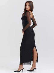 Schwarzes, trägerloses Bodycon-Kleid aus transparentem Netzstoff