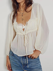 Damen-Chiffonbluse mit Rüschen und Spitze zum Binden