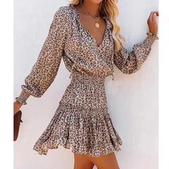 Leopardenmuster-Baumwollkleid mit V-Ausschnitt für den Herbst im Boho-Stil