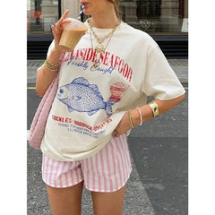 Vintage-T-Shirt aus Baumwolle mit Meeresfrüchtemotiv im Oversized-Design