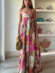 Plissiertes, bedrucktes, trägerloses Boho-Kleid mit hohem Bund und hohem Bund