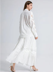Weißes Maxi-Rock-Blusen-Set aus Spitze, lässiges Boho-Kleid