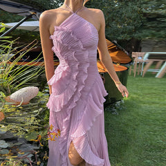 Plissiertes Neckholderkleid mit Lotusblumenmuster