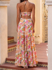 Rüschen-Maxikleid mit V-Ausschnitt und Blumenmuster
