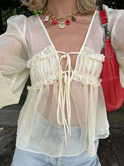 Beige, durchscheinende Schnürbluse