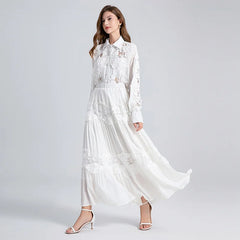 Weißes Maxi-Rock-Blusen-Set aus Spitze, lässiges Boho-Kleid