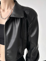 Schwarzer PU-Retro-Crop-Mantel mit Revers