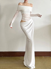 Partykleid mit Mesh-Patchwork, Raffungen und Schlitz