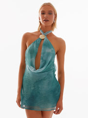 Batik-Neckholder-Kleid mit offenem Rücken, Cut-Outs und schulterfreiem Design – perfekt für den Urlaub