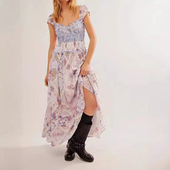 Bedrucktes Chiffon-Kleid im Boho-Stil mit kurzen Ärmeln und A-Linien-Schnitt