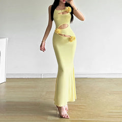 Gelbes Midikleid mit 3D-Blumenausschnitt