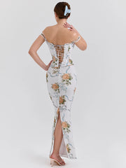 Schulterfreies, rückenfreies Maxikleid mit Blumenmuster