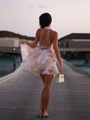 Bedrucktes Rüschen-Halter-Minikleid
