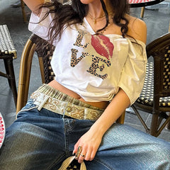 Leopard Letter Loose Street V-Ausschnitt T-Shirt
