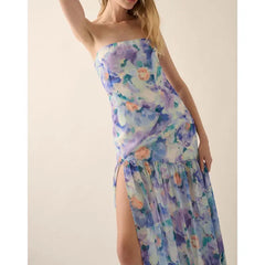 Rüschenkleid mit Schlitz und Blumenmuster, Bandeau-Ausschnitt, Urlaubskleid