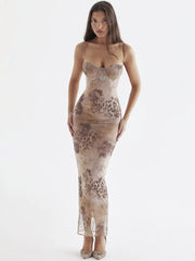 Mesh-Kleid mit Blumenmuster, Schlitz und Schnürung, figurbetont