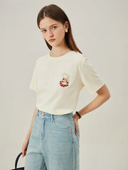 Beiges, locker sitzendes T-Shirt mit Katzenstickerei