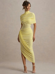 Halbärmeliges, gerafftes Bodycon-Kleid mit Rollkragen und Rollkragen