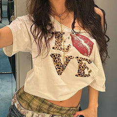 Leopard Letter Loose Street V-Ausschnitt T-Shirt