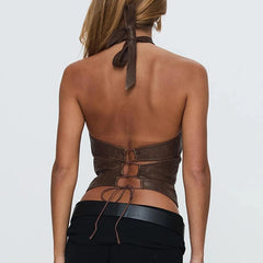 Braunes Retro-Crop-Top mit Schnürung