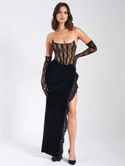 Schwarzes, trägerloses Clubkleid aus Spitze