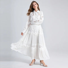 Weißes Maxi-Rock-Blusen-Set aus Spitze, lässiges Boho-Kleid