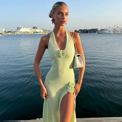Rüschen-Maxikleid aus Strick mit Schnürung