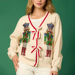 Glitzernder Pailletten-Cardigan mit V-Ausschnitt und Schleifenknopf