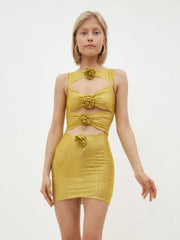 Strass-Minikleid mit 3D-Blumenmuster und figurbetonter Passform