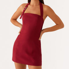 Einfarbiges Neckholder-Bodycon-Kleid mit Schnalle
