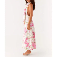 Blumenmuster-Neckholder-Urlaubskleid mit Wasserfallausschnitt