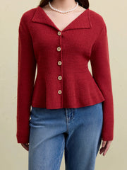 Roter Strickcardigan mit Puffärmeln und V-Ausschnitt