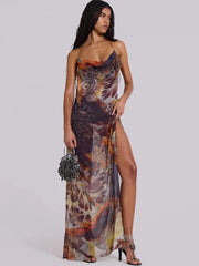 Ästhetisches Maxikleid aus Mesh mit Print und Schlitz