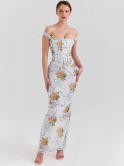 Schulterfreies, rückenfreies Maxikleid mit Blumenmuster