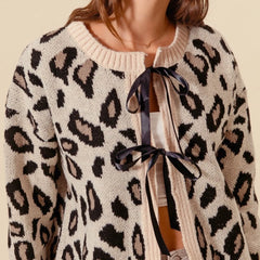 Strickcardigan mit Leopardenmuster, Kontrastdetails und Schleife zum Schnüren