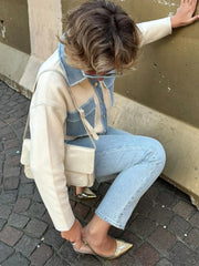 Patchwork-Denim-Freizeitmantel mit Revers