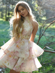 Bedrucktes Rüschen-Halter-Minikleid