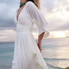 Boho-Kleid aus Polyester mit tiefem V-Ausschnitt und elastischem Bund