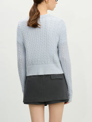 Perlenbesetzter, runder Halsausschnitt, blauer Seidenstrickpullover
