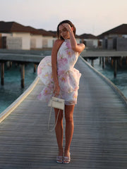 Bedrucktes Rüschen-Halter-Minikleid