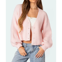 Kurzer Cardigan mit Knopfleiste, V-Ausschnitt und Laternenärmeln