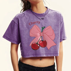 Bow Cherry Cartoon Baumwoll-Slim-T-Shirt