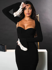 Patchwork-Kleid mit langen Ärmeln, Meerjungfrauenschnitt und figurbetonter Silhouette