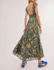Bedrucktes Chiffon-Kleid im Boho-Stil mit kurzen Ärmeln und A-Linien-Schnitt