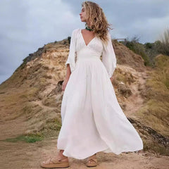 Boho-Kleid aus Polyester mit tiefem V-Ausschnitt und elastischem Bund