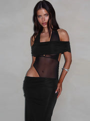 Ein-Schulter-Partykleid aus Mesh, tailliert, ohne Taille