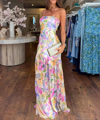 Trägerloses, rückenfreies A-Linien-Kleid mit Blumenmuster