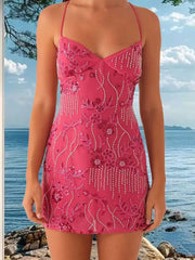 Mini-Blumenkleid mit V-Ausschnitt und Neckholder