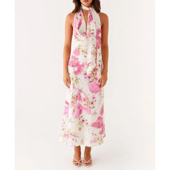 Blumenmuster-Neckholder-Urlaubskleid mit Wasserfallausschnitt