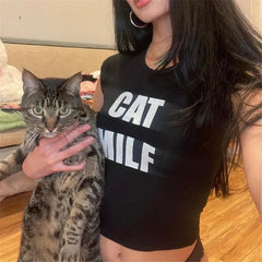 Gothic Cat Letter Grunge Crop T-Shirt